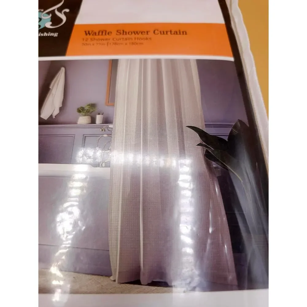 Half Price Drapes Modern Waffle Shower Curtain 12 Hooks 70x71 Beige Washable NIB